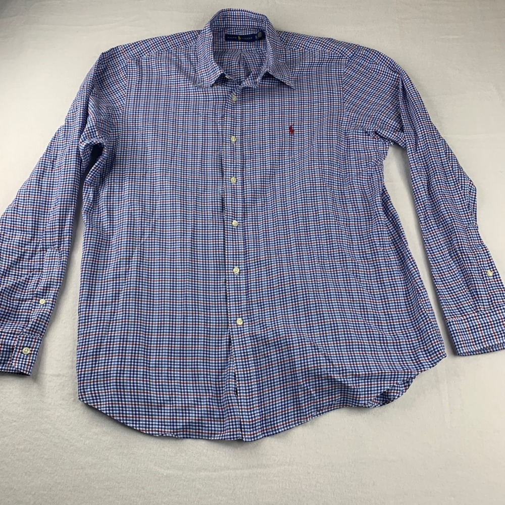 Ralph Lauren Button Down Shirt Mens XL Blue Red Gingham Plaid Long Sleeve